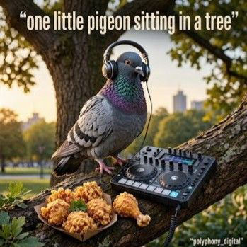 Cover art: a pigeon with headphones, a DJ deck, and fried chicken